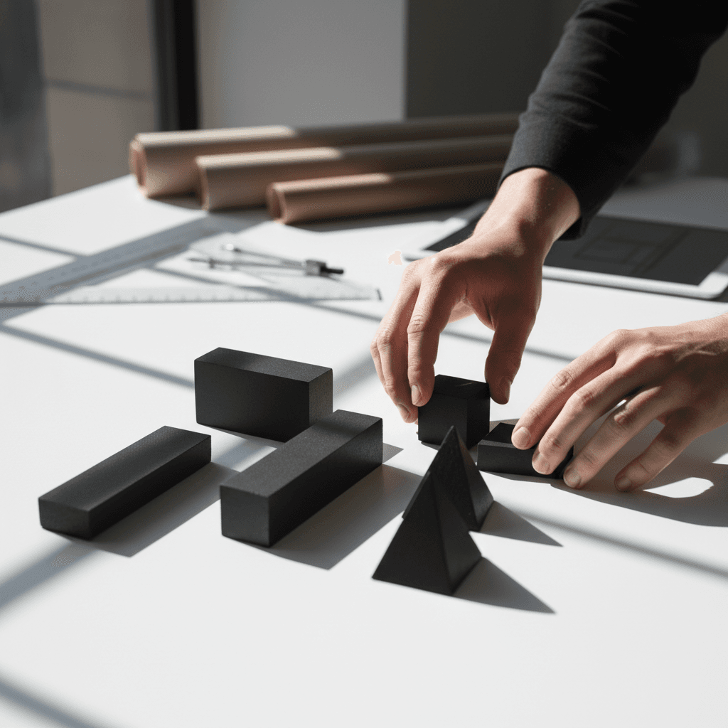 Manos sosteniendo modelo arquitectónico minimalista