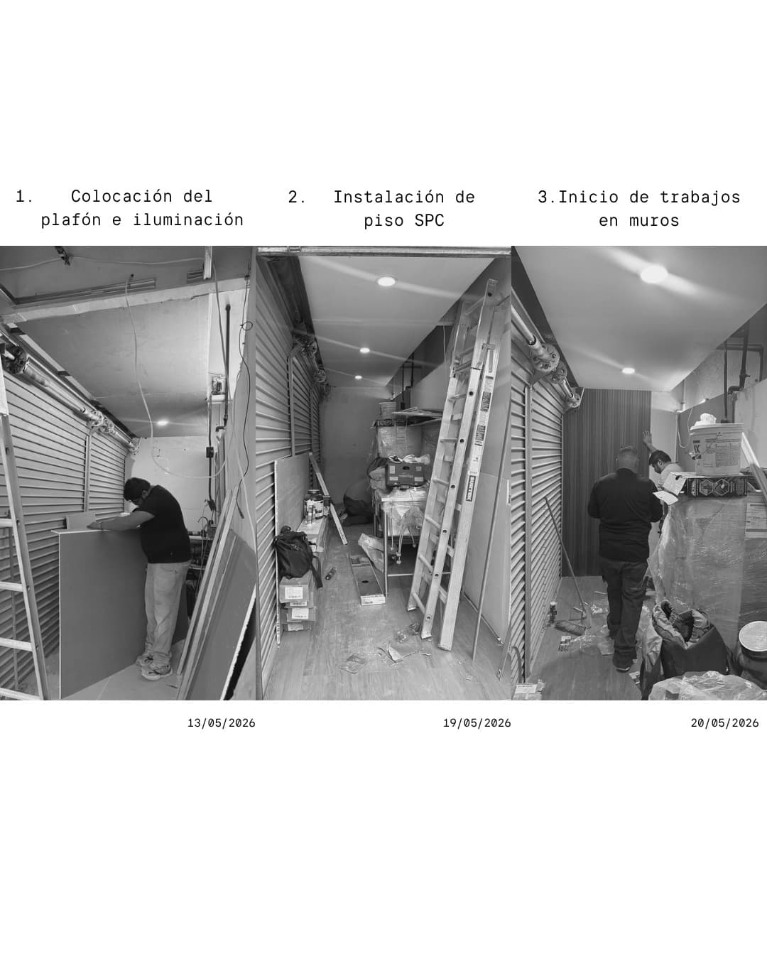 Progreso de obra en tres etapas: colocación de plafón, instalación de piso SPC y muros.