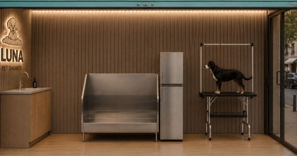 Estación de lavado para mascotas con bañera metálica y perro en mesa de peluquería.