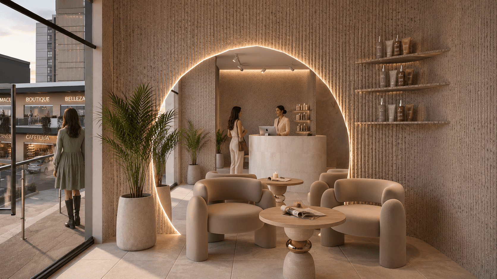 Elegante recepción de spa con arco circular iluminado, mobiliario minimalista y tonos tierra relajantes.