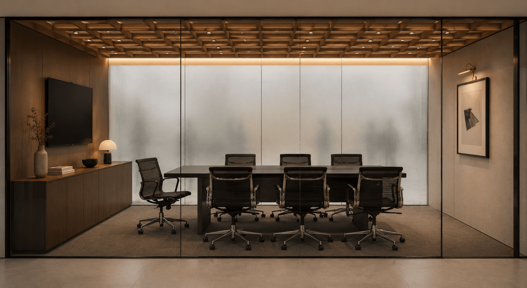 Sala de juntas moderna con mesa oscura, sillas negras, techo de madera y cristal esmerilado.